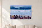 Pipe Masters, Pipeline 1988 by Peter Crawford — 120 × 80 cm, aluminium-mounted resin print, shown in a light minimalist living room.