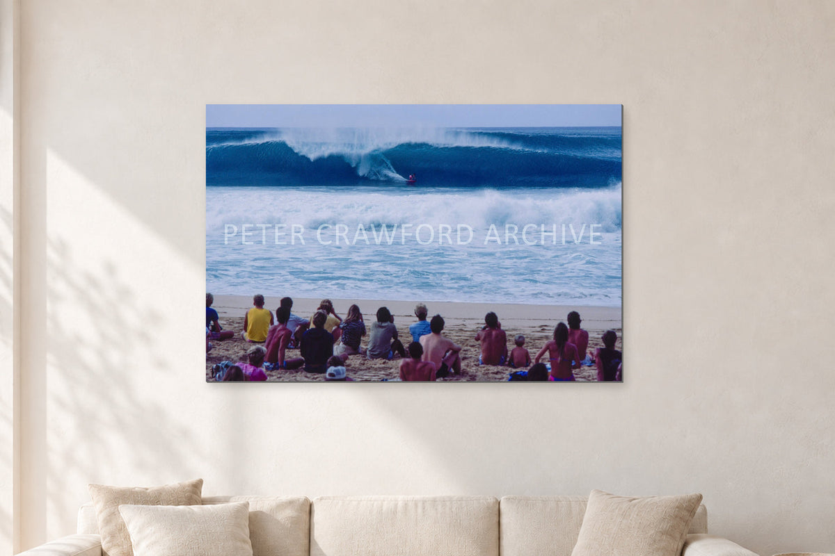 Pipe Masters, Pipeline 1988 by Peter Crawford — 120 × 80 cm, aluminium-mounted resin print, shown in a light minimalist living room.