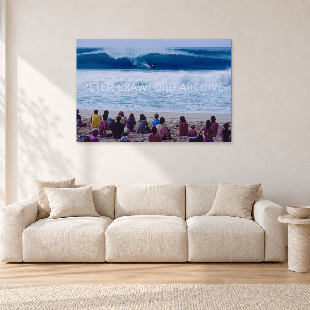 Pipe Masters, Pipeline 1988 by Peter Crawford — 120 × 80 cm, aluminium-mounted resin print, shown in a light minimalist living room.