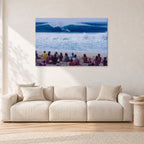 Pipe Masters, Pipeline 1988 by Peter Crawford — 120 × 80 cm, aluminium-mounted resin print, shown in a light minimalist living room.