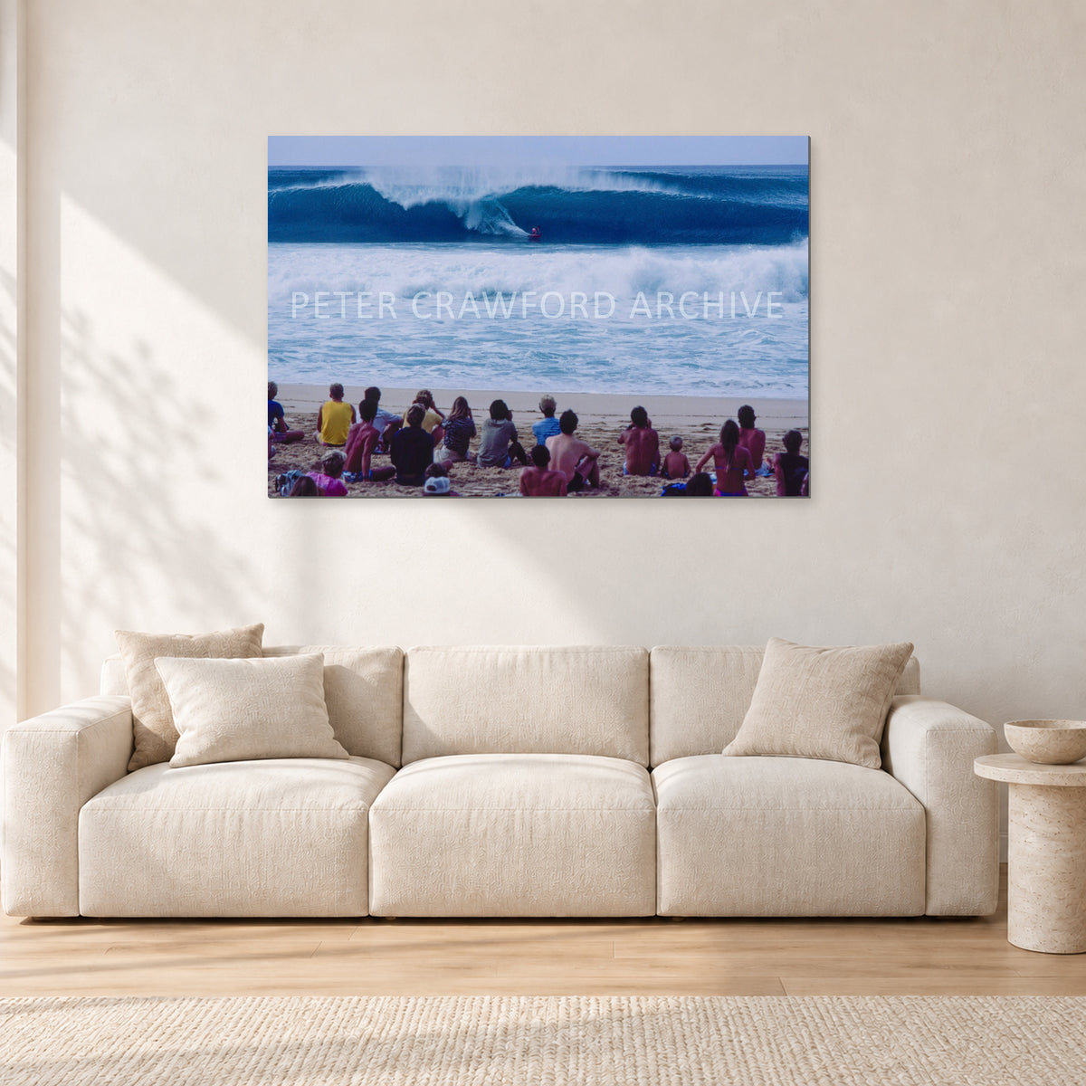 Pipe Masters, Pipeline 1988 by Peter Crawford — 120 × 80 cm, aluminium-mounted resin print, shown in a light minimalist living room.