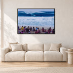 Pipe Masters, Pipeline 1988 by Peter Crawford — 120 × 80 cm, black frame, shown in a light minimalist living room.