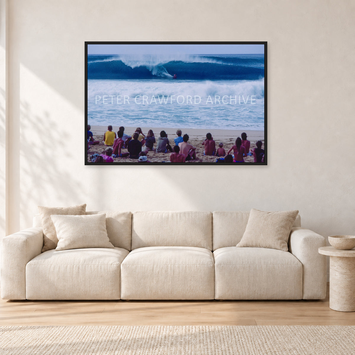 Pipe Masters, Pipeline 1988 by Peter Crawford — 120 × 80 cm, black frame, shown in a light minimalist living room.