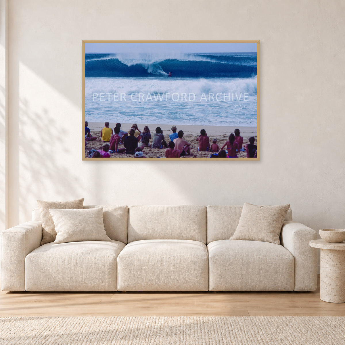 Pipe Masters, Pipeline 1988 by Peter Crawford — 120 × 80 cm, hayseed frame, shown in a light minimalist living room.