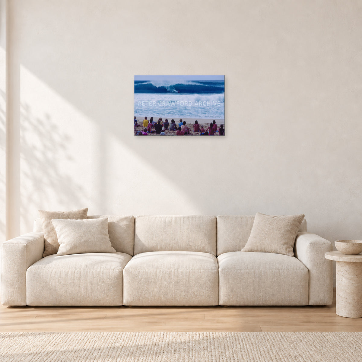 Pipe Masters, Pipeline 1988 by Peter Crawford — 60 × 40 cm, aluminium-mounted resin print, shown in a light minimalist living room.