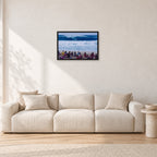 Pipe Masters, Pipeline 1988 by Peter Crawford — 60 × 40 cm, black frame, shown in a light minimalist living room.