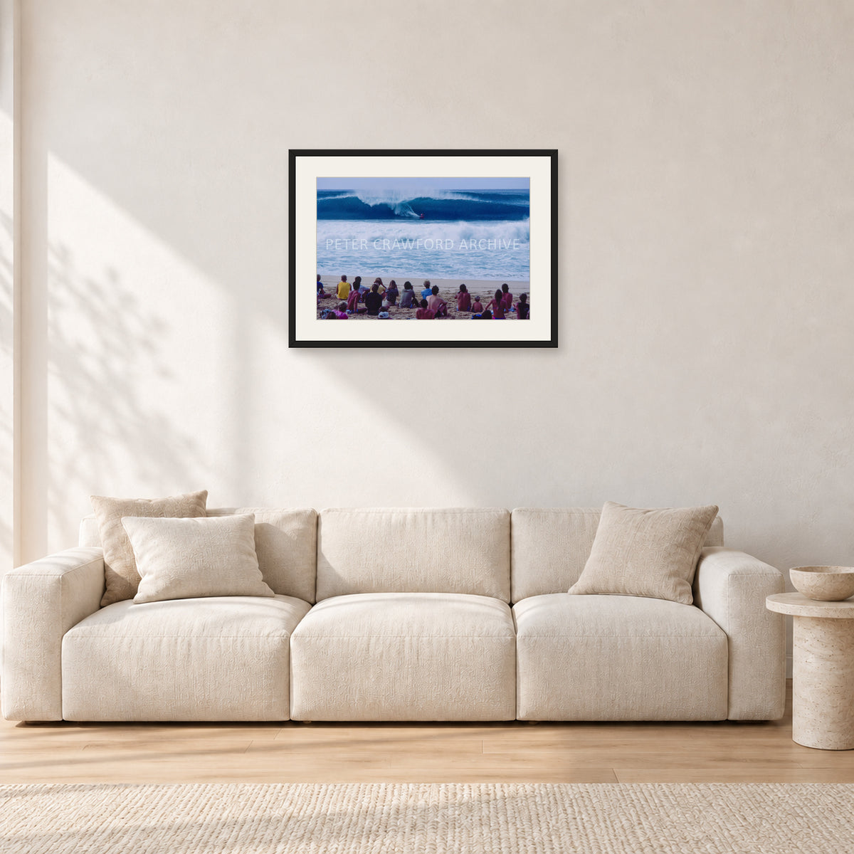 Pipe Masters, Pipeline 1988 by Peter Crawford — 60 × 40 cm, black frame with white mat, shown in a light minimalist living room.