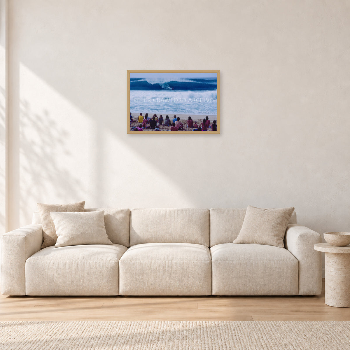 Pipe Masters, Pipeline 1988 by Peter Crawford — 60 × 40 cm, hayseed frame, shown in a light minimalist living room.