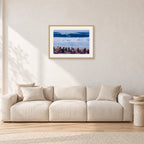Pipe Masters, Pipeline 1988 by Peter Crawford — 60 × 40 cm, hayseed frame with white mat, shown in a light minimalist living room.