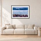Pipe Masters, Pipeline 1988 by Peter Crawford — 90 × 60 cm, black frame with white mat, shown in a light minimalist living room.