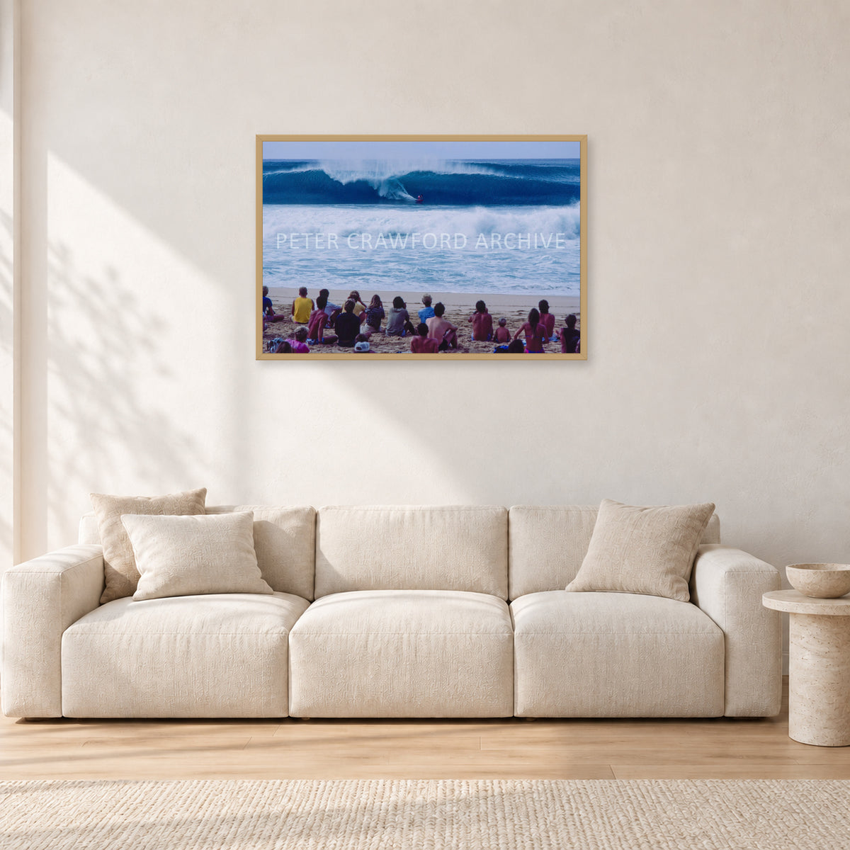 Pipe Masters, Pipeline 1988 by Peter Crawford — 90 × 60 cm, hayseed frame, shown in a light minimalist living room.