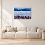 Pipe Masters, Pipeline 1988 by Peter Crawford — 90 × 60 cm, white frame, shown in a light minimalist living room.