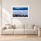 Pipe Masters, Pipeline 1988 by Peter Crawford — 90 × 60 cm, white frame with white mat, shown in a light minimalist living room.