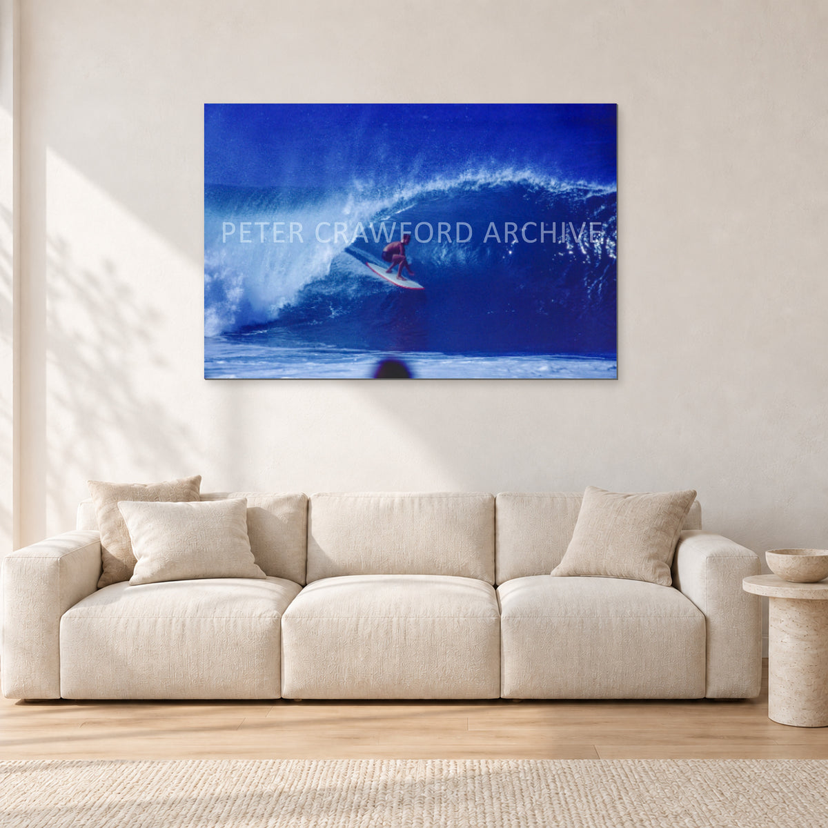Pipeline, Hawaii by Peter Crawford — 120 × 80 cm, aluminium-mounted resin print, shown in a light minimalist living room.