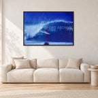 Pipeline, Hawaii by Peter Crawford — 120 × 80 cm, black frame, shown in a light minimalist living room.