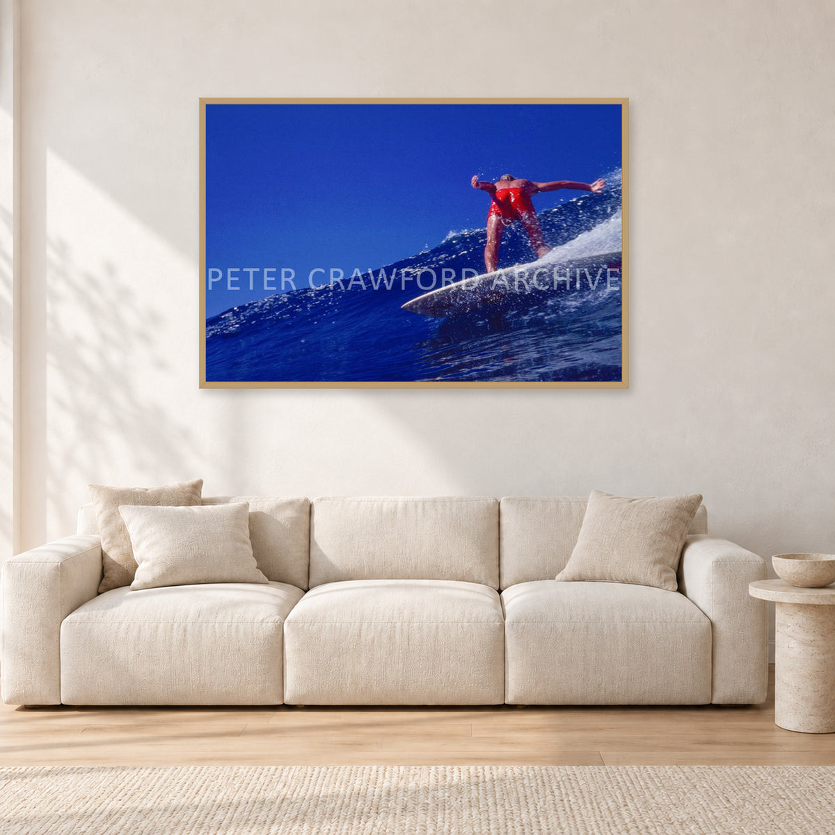 Rabbit Bartholomew, Stubbies 1978 by Peter Crawford — 120 × 80 cm, hayseed frame, shown in a light minimalist living room.
