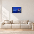 Rabbit Bartholomew, Stubbies 1978 by Peter Crawford — 60 × 40 cm, black frame, shown in a light minimalist living room.