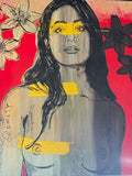 Red Woman by David Bromley: a dark-haired female portrait with yellow accents against red.