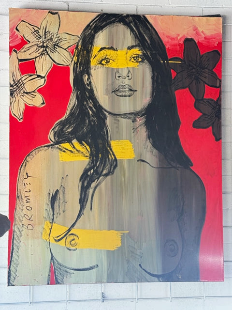 Red Woman by David Bromley: a dark-haired female portrait with yellow accents against red — gallery view.