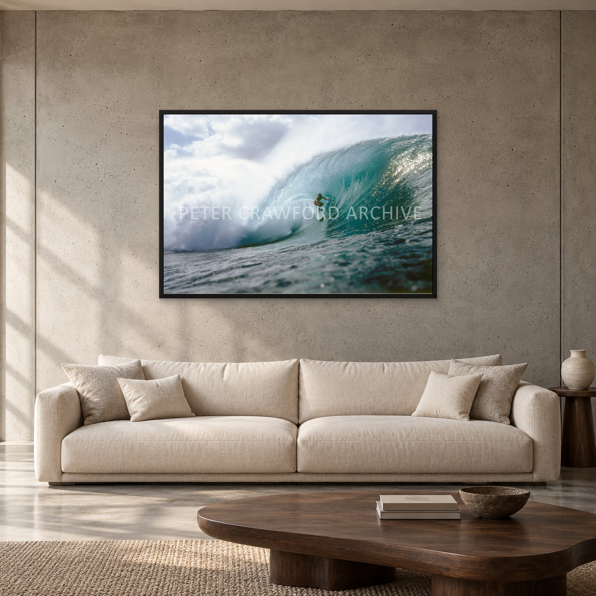 Jeff Crawford Pipeline by Peter Crawford — 120 × 80 cm, black full frame, shown to scale in a contemporary concrete-wall living room.