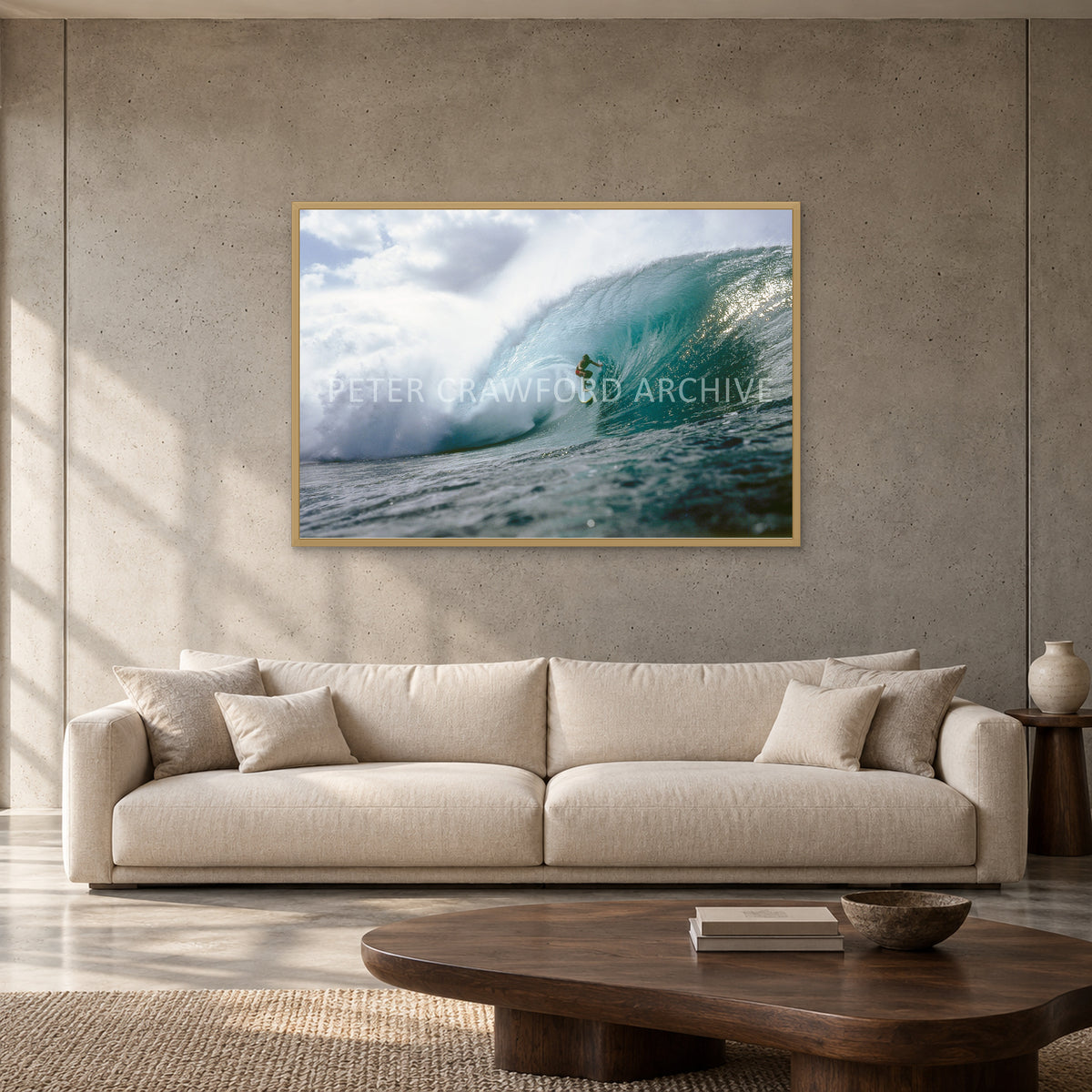 Jeff Crawford Pipeline by Peter Crawford — 120 × 80 cm, hayseed full frame, shown to scale in a contemporary concrete-wall living room.