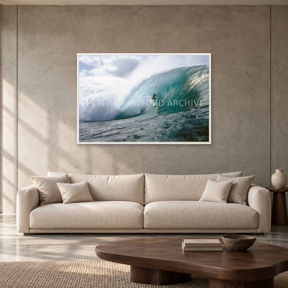 Jeff Crawford Pipeline by Peter Crawford — 120 × 80 cm, white full frame, shown to scale in a contemporary concrete-wall living room.