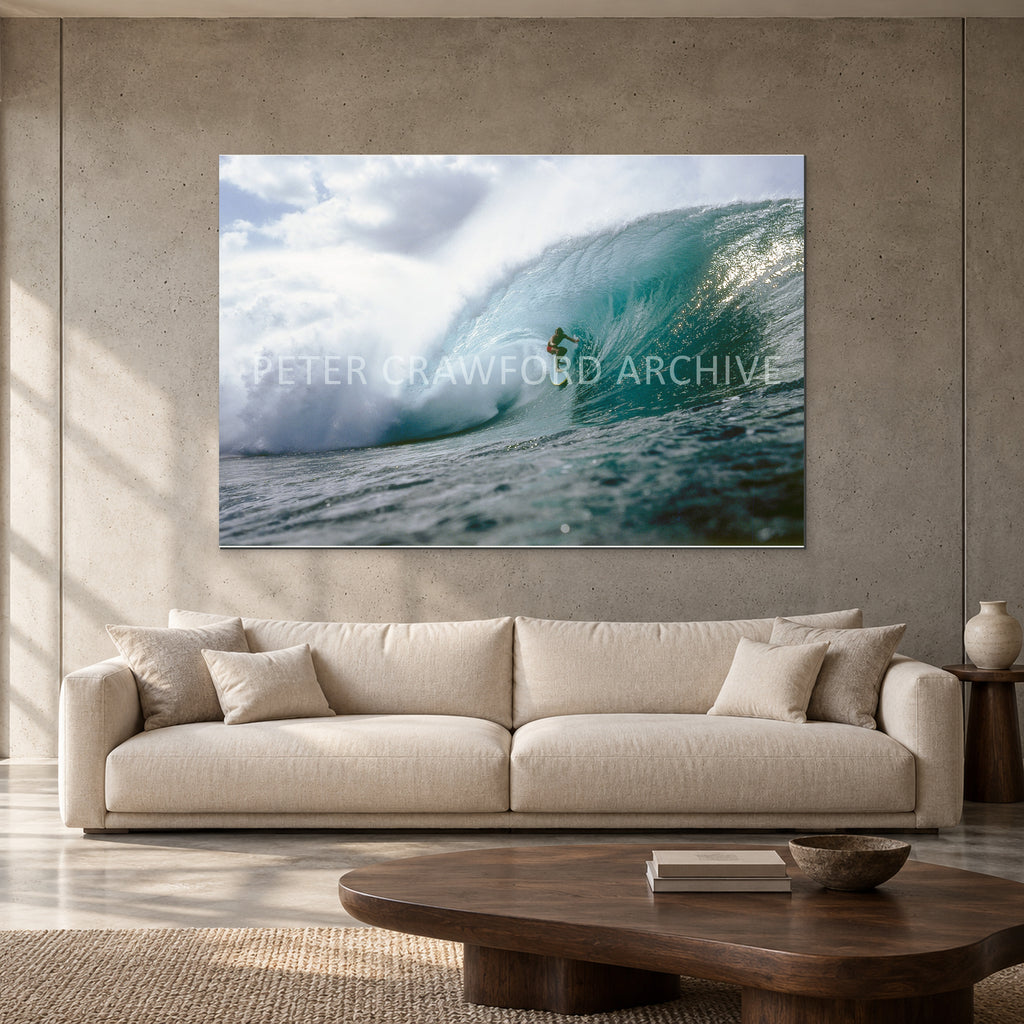Jeff Crawford Pipeline by Peter Crawford — 152 × 102 cm, aluminium resin mount, shown to scale in a contemporary concrete-wall living room.