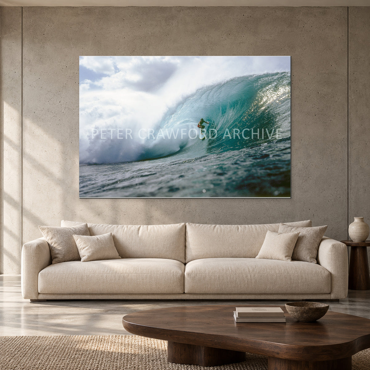 Jeff Crawford Pipeline by Peter Crawford — 152 × 102 cm, aluminium resin mount, shown to scale in a contemporary concrete-wall living room.