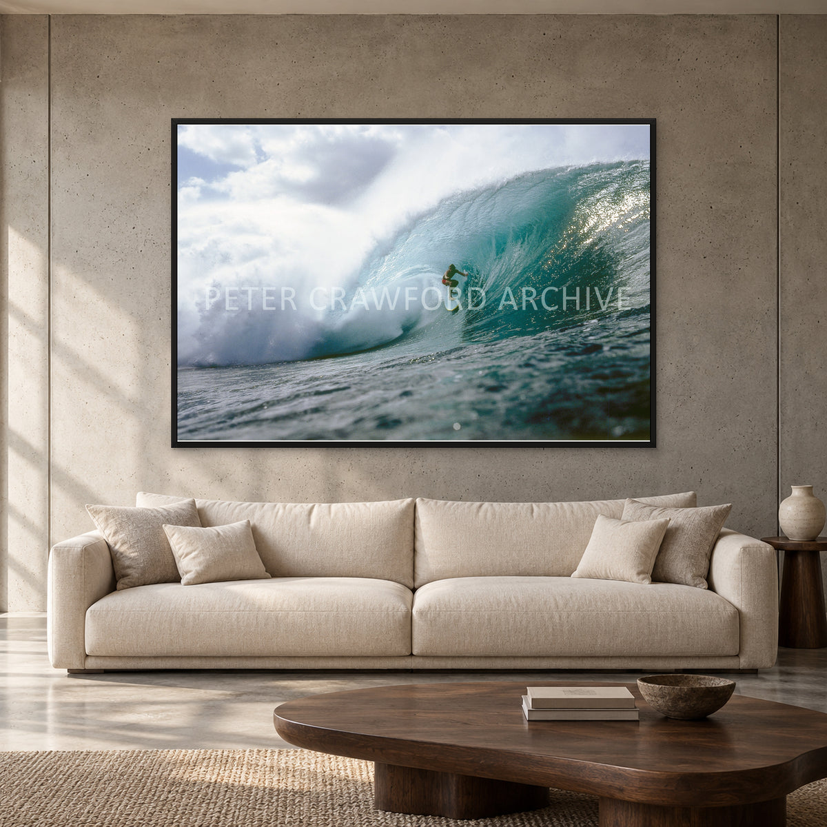 Jeff Crawford Pipeline by Peter Crawford — 152 × 102 cm, black full frame, shown to scale in a contemporary concrete-wall living room.