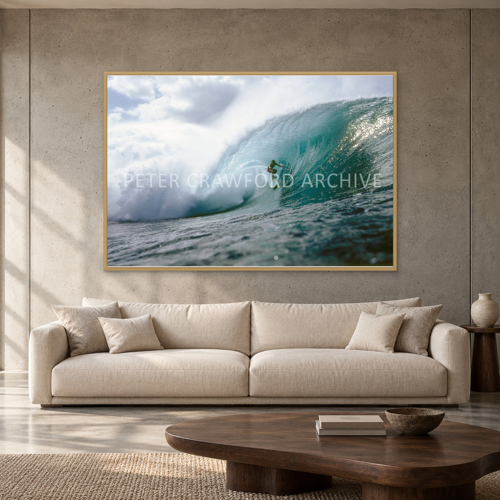 Jeff Crawford Pipeline by Peter Crawford — 152 × 102 cm, hayseed full frame, shown to scale in a contemporary concrete-wall living room.
