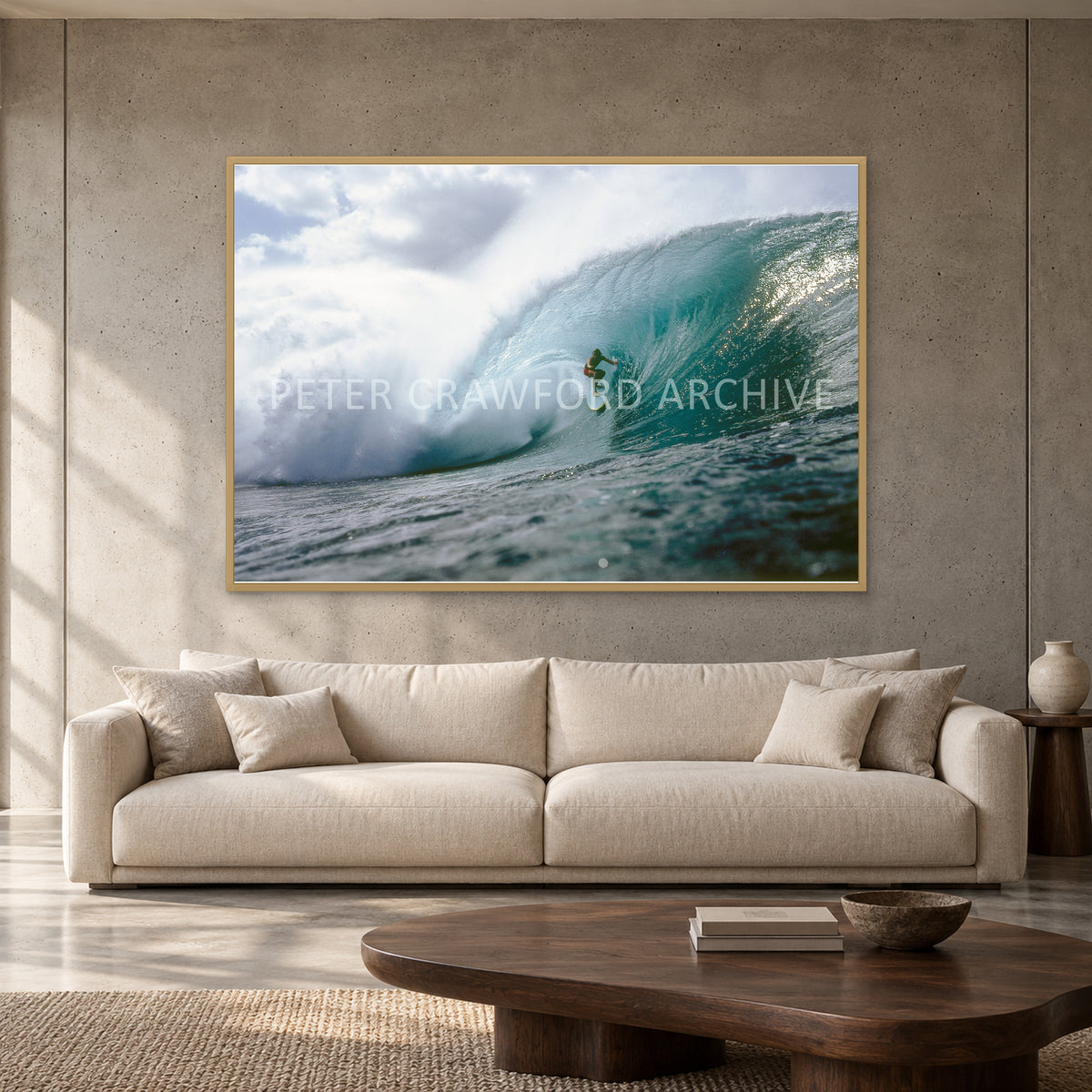 Jeff Crawford Pipeline by Peter Crawford — 152 × 102 cm, hayseed full frame, shown to scale in a contemporary concrete-wall living room.