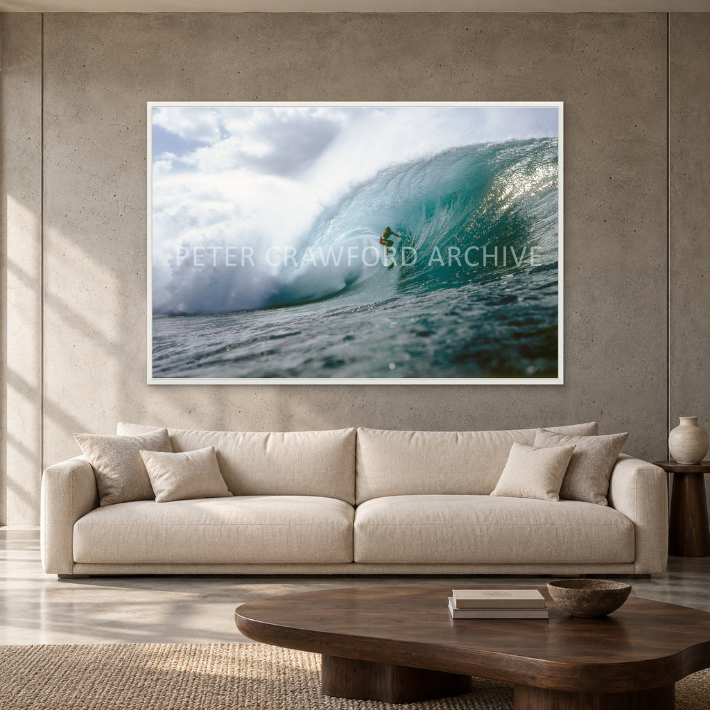 Jeff Crawford Pipeline by Peter Crawford — 152 × 102 cm, white full frame, shown to scale in a contemporary concrete-wall living room.