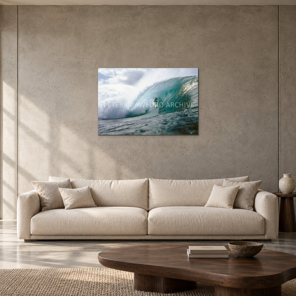 Jeff Crawford Pipeline by Peter Crawford — 90 × 60 cm, aluminium resin mount, shown to scale in a contemporary concrete-wall living room.