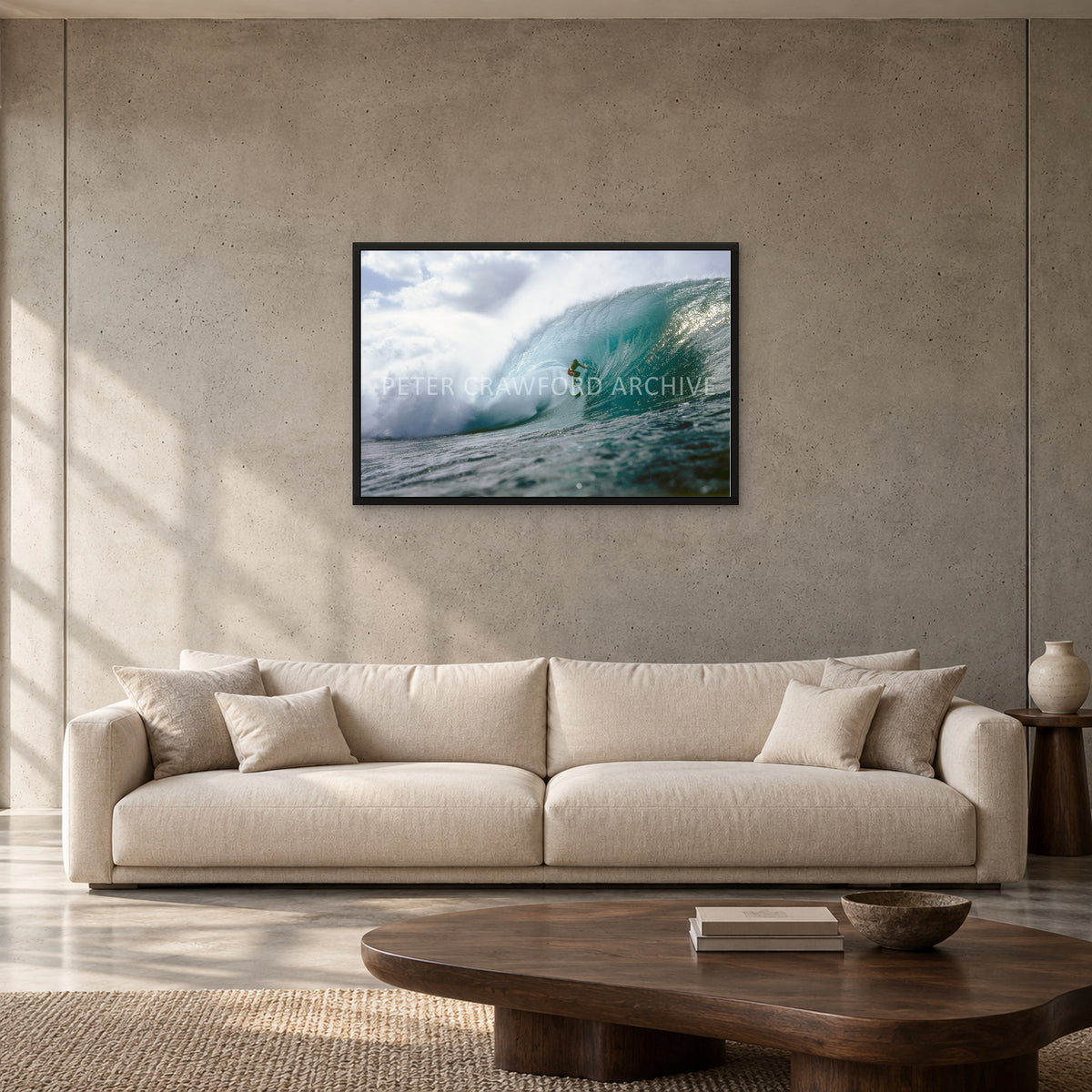Jeff Crawford Pipeline by Peter Crawford — 90 × 60 cm, black full frame, shown to scale in a contemporary concrete-wall living room.