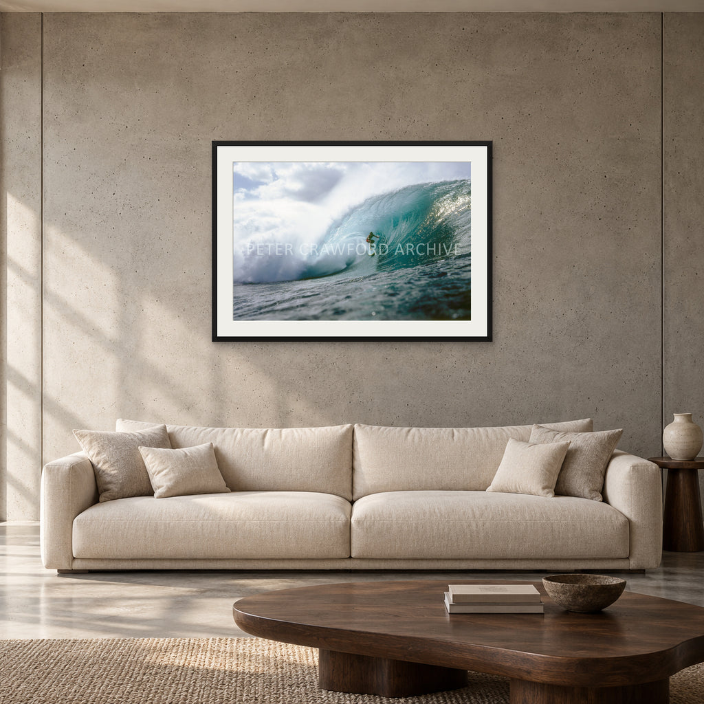 Jeff Crawford Pipeline by Peter Crawford — 90 × 60 cm, black frame with mat, shown to scale in a contemporary concrete-wall living room.