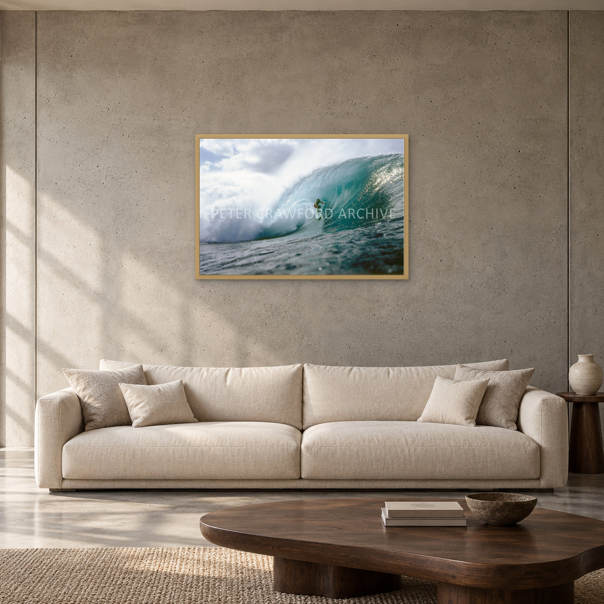 Jeff Crawford Pipeline by Peter Crawford — 90 × 60 cm, hayseed full frame, shown to scale in a contemporary concrete-wall living room.