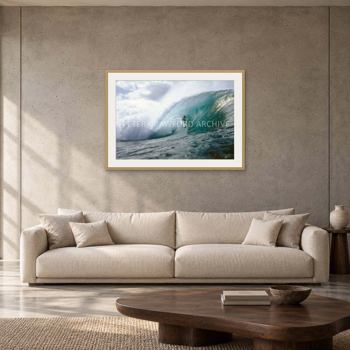 Jeff Crawford Pipeline by Peter Crawford — 90 × 60 cm, hayseed frame with mat, shown to scale in a contemporary concrete-wall living room.