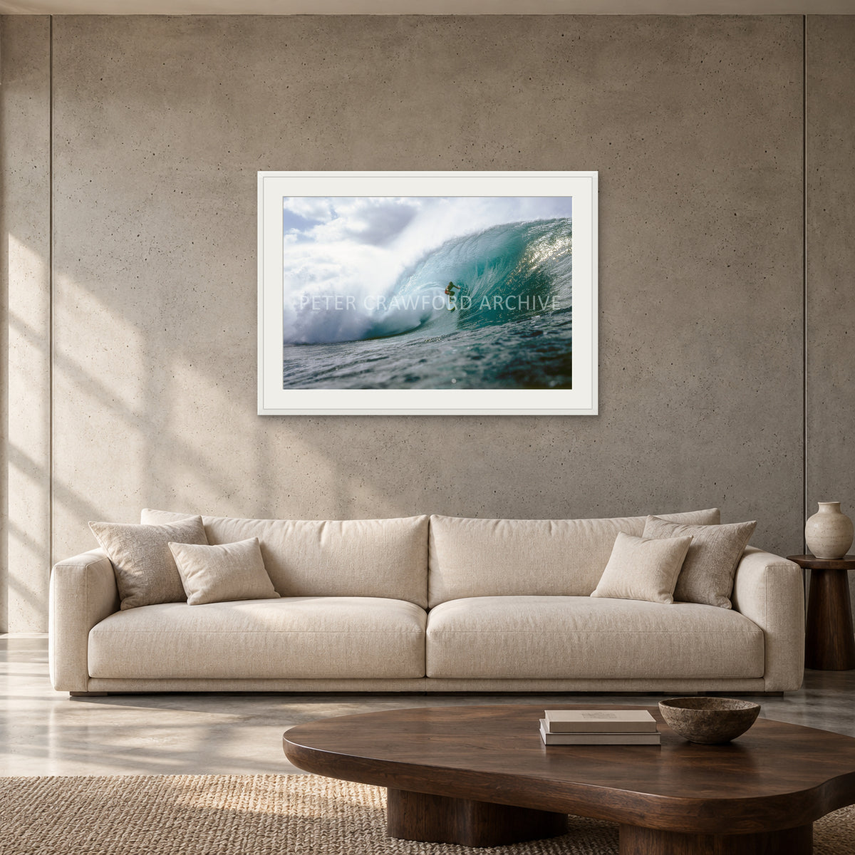 Jeff Crawford Pipeline by Peter Crawford — 90 × 60 cm, white frame with mat, shown to scale in a contemporary concrete-wall living room.