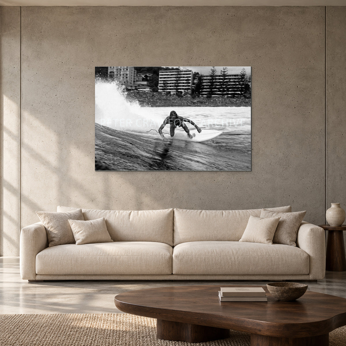 MP Stubbies by Peter Crawford — 120 × 80 cm, aluminium resin mount, shown to scale in a contemporary concrete-wall living room.