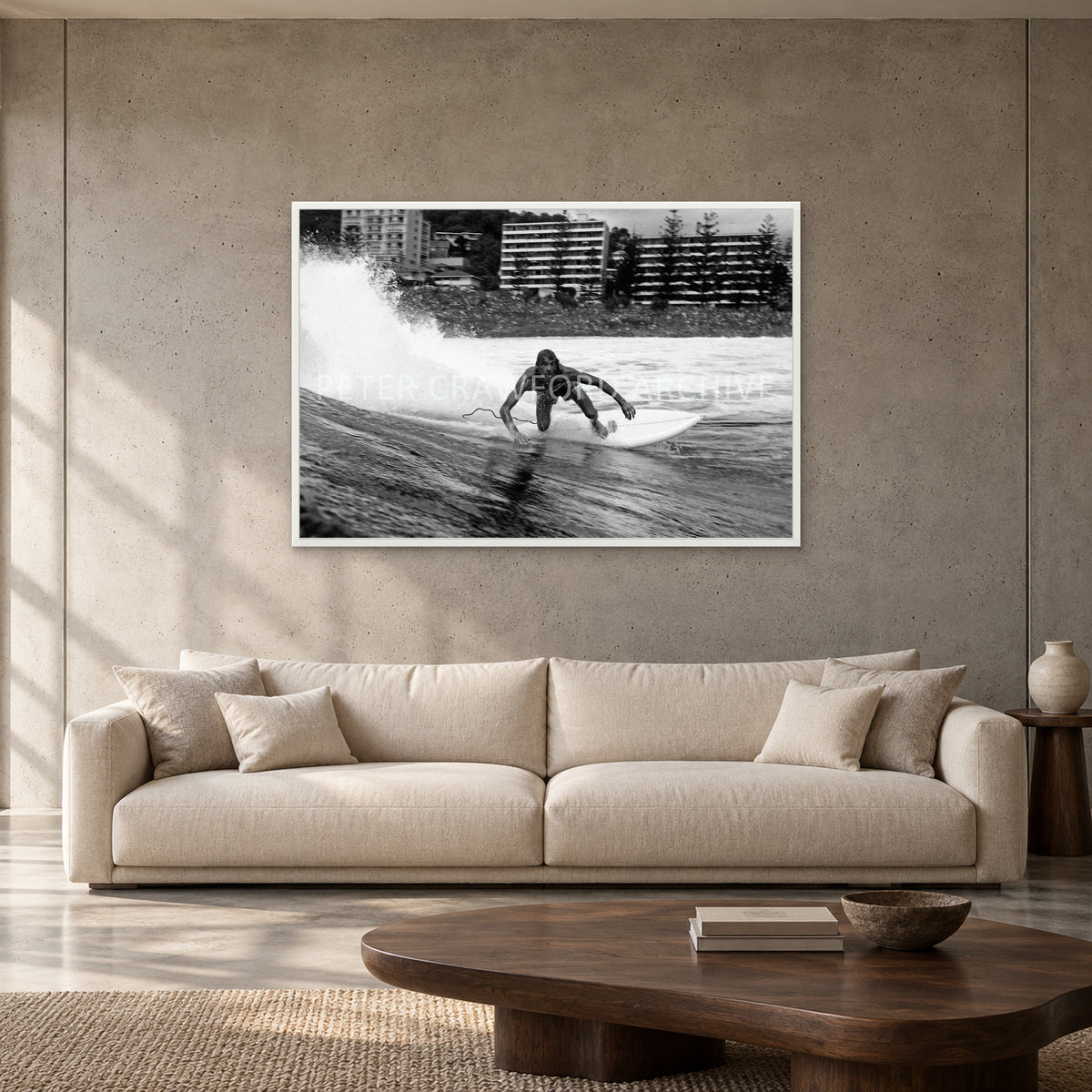 MP Stubbies by Peter Crawford — 120 × 80 cm, white full frame, shown to scale in a contemporary concrete-wall living room.