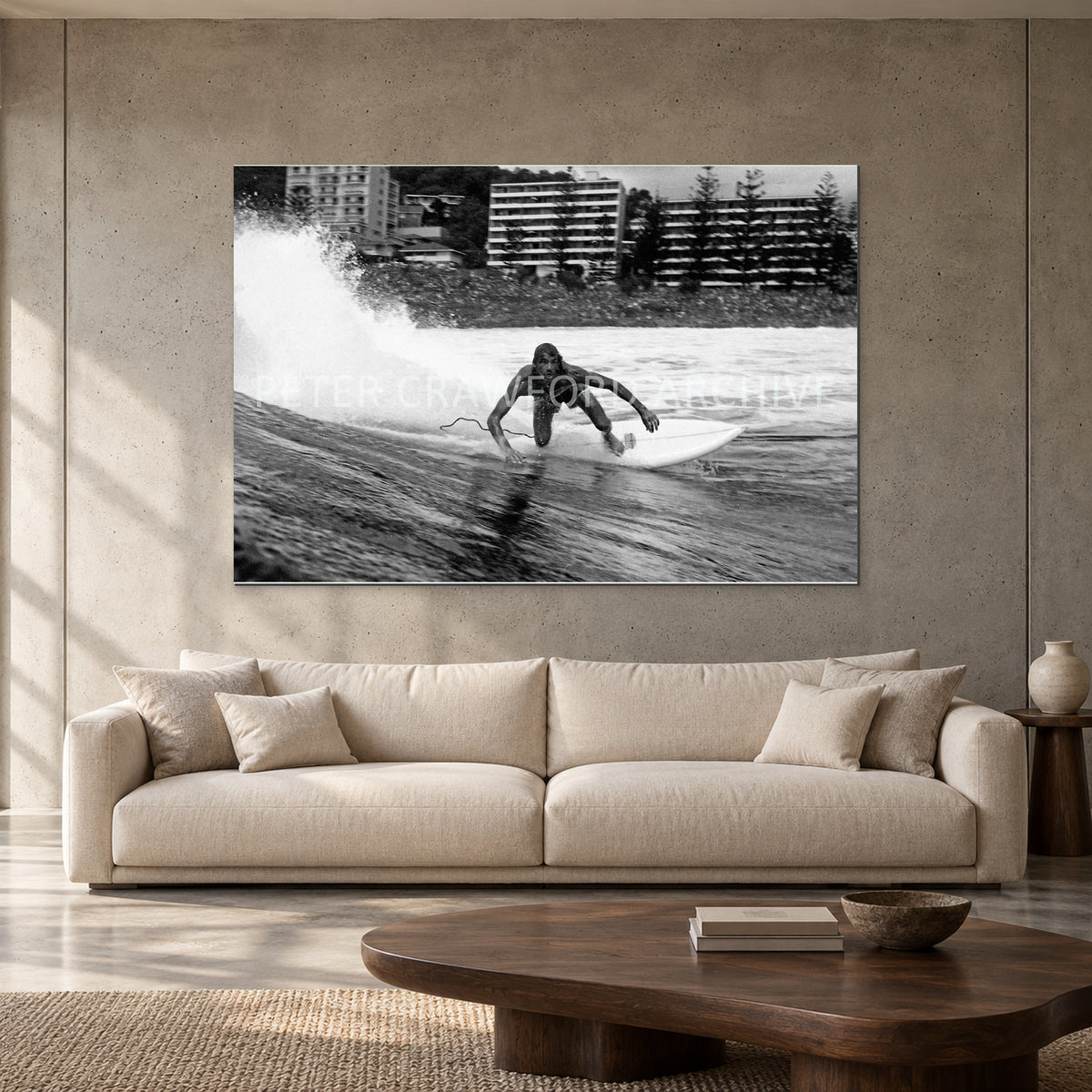 MP Stubbies by Peter Crawford — 152 × 102 cm, aluminium resin mount, shown to scale in a contemporary concrete-wall living room.