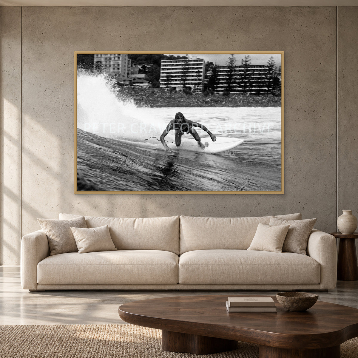 MP Stubbies by Peter Crawford — 152 × 102 cm, hayseed full frame, shown to scale in a contemporary concrete-wall living room.