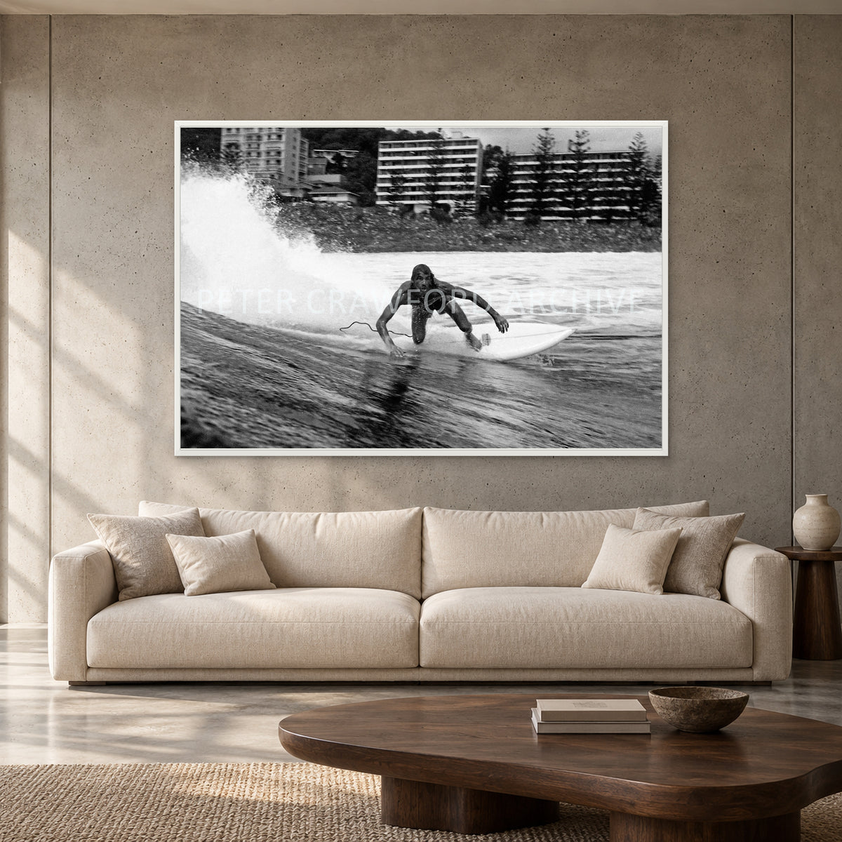 MP Stubbies by Peter Crawford — 152 × 102 cm, white full frame, shown to scale in a contemporary concrete-wall living room.