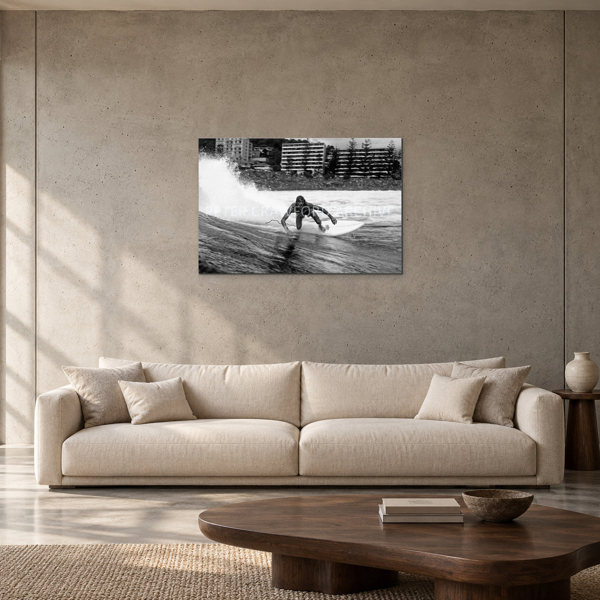 MP Stubbies by Peter Crawford — 90 × 60 cm, aluminium resin mount, shown to scale in a contemporary concrete-wall living room.