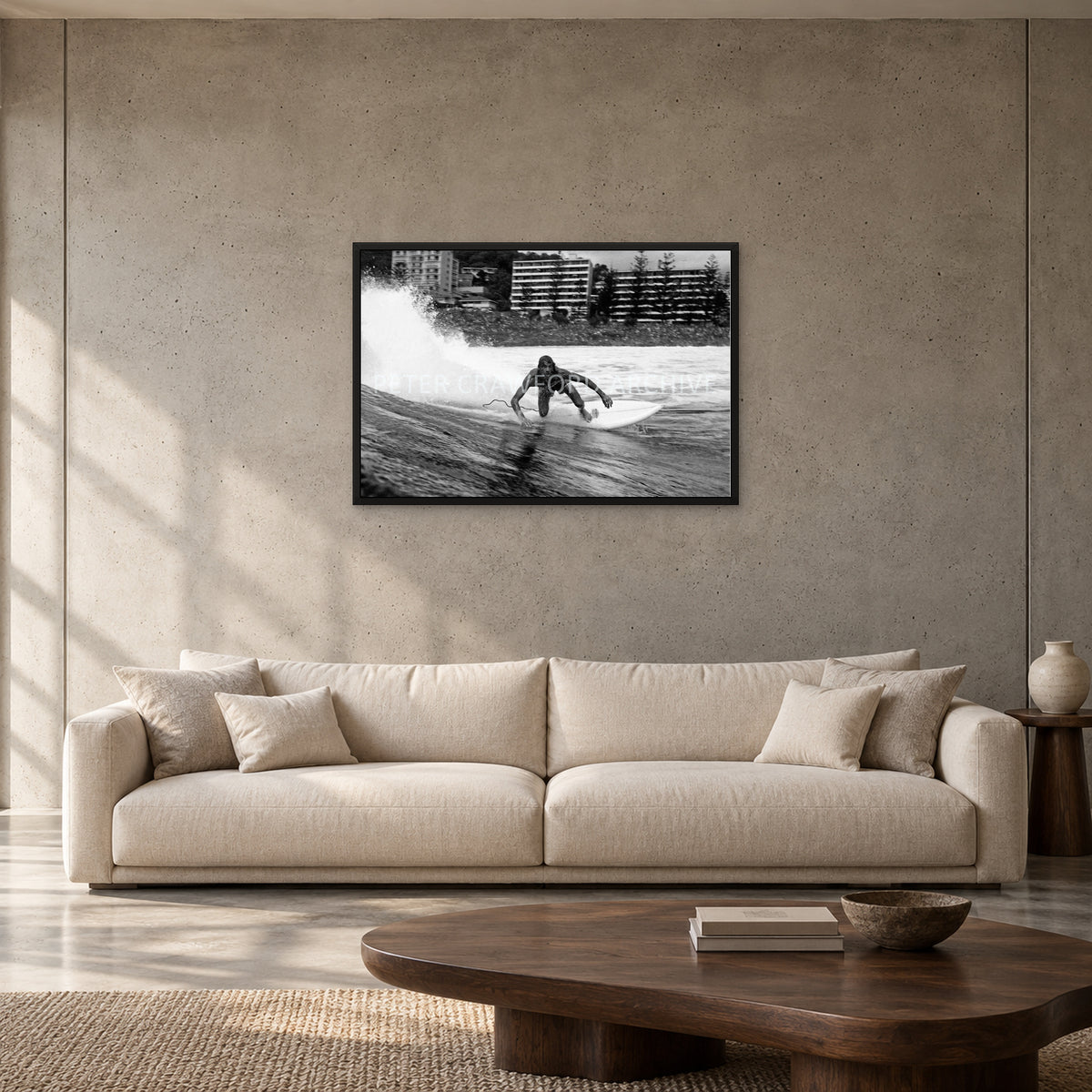 MP Stubbies by Peter Crawford — 90 × 60 cm, black full frame, shown to scale in a contemporary concrete-wall living room.