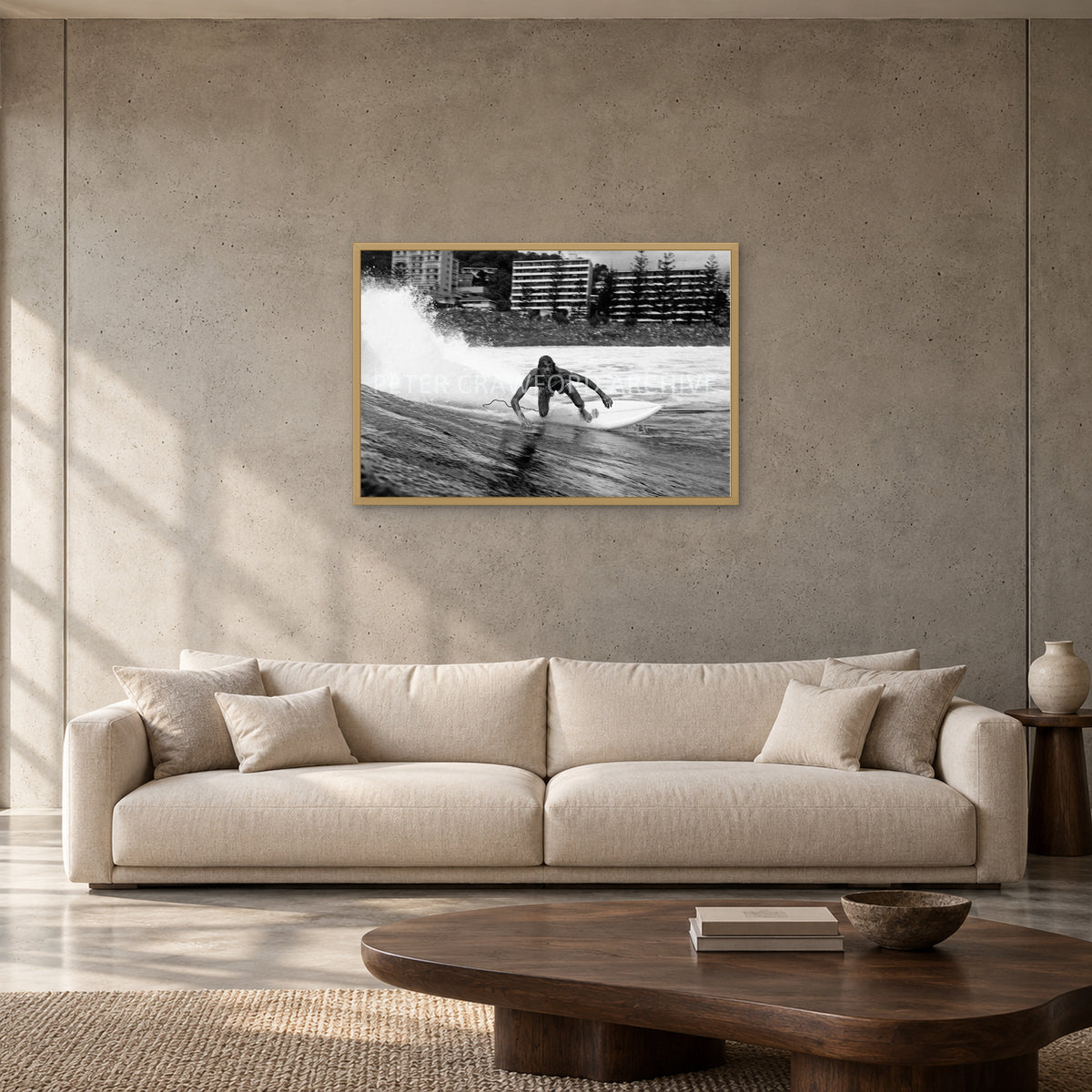 MP Stubbies by Peter Crawford — 90 × 60 cm, hayseed full frame, shown to scale in a contemporary concrete-wall living room.