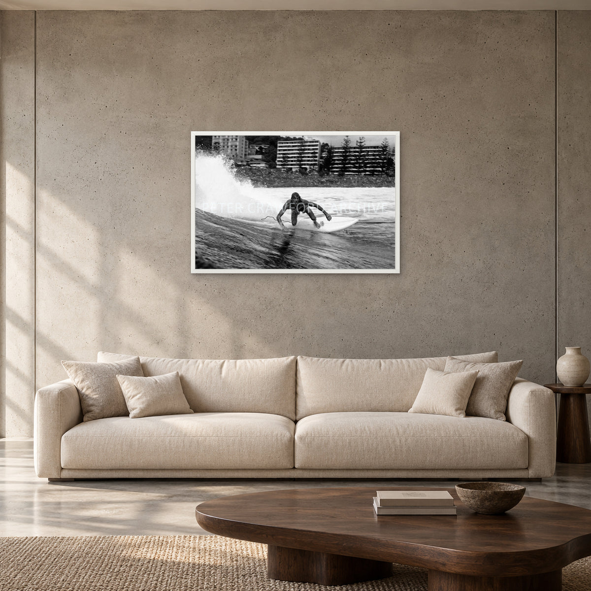 MP Stubbies by Peter Crawford — 90 × 60 cm, white full frame, shown to scale in a contemporary concrete-wall living room.