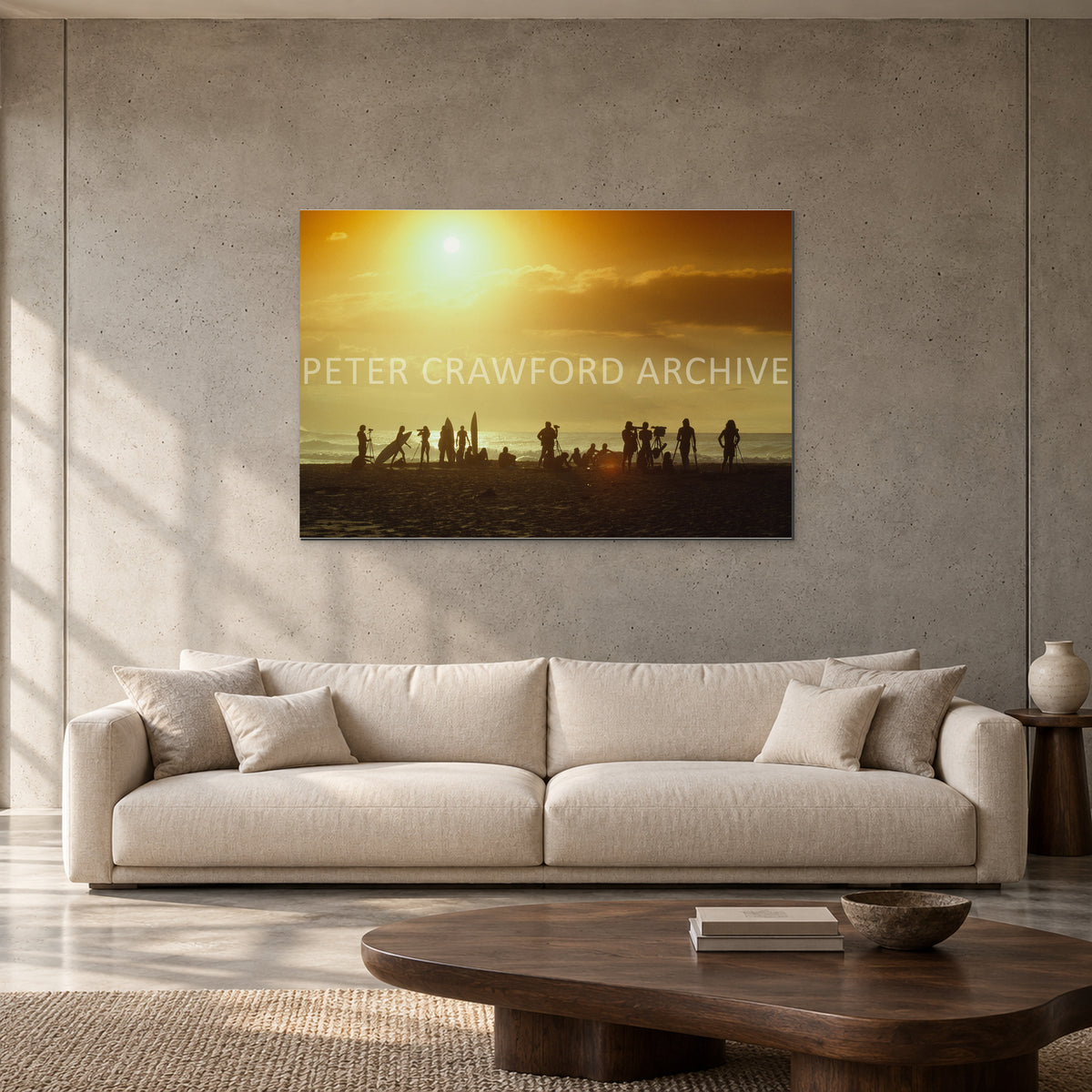 North Shore Sunset by Peter Crawford — 120 × 80 cm, aluminium resin mount, shown to scale in a contemporary concrete-wall living room.