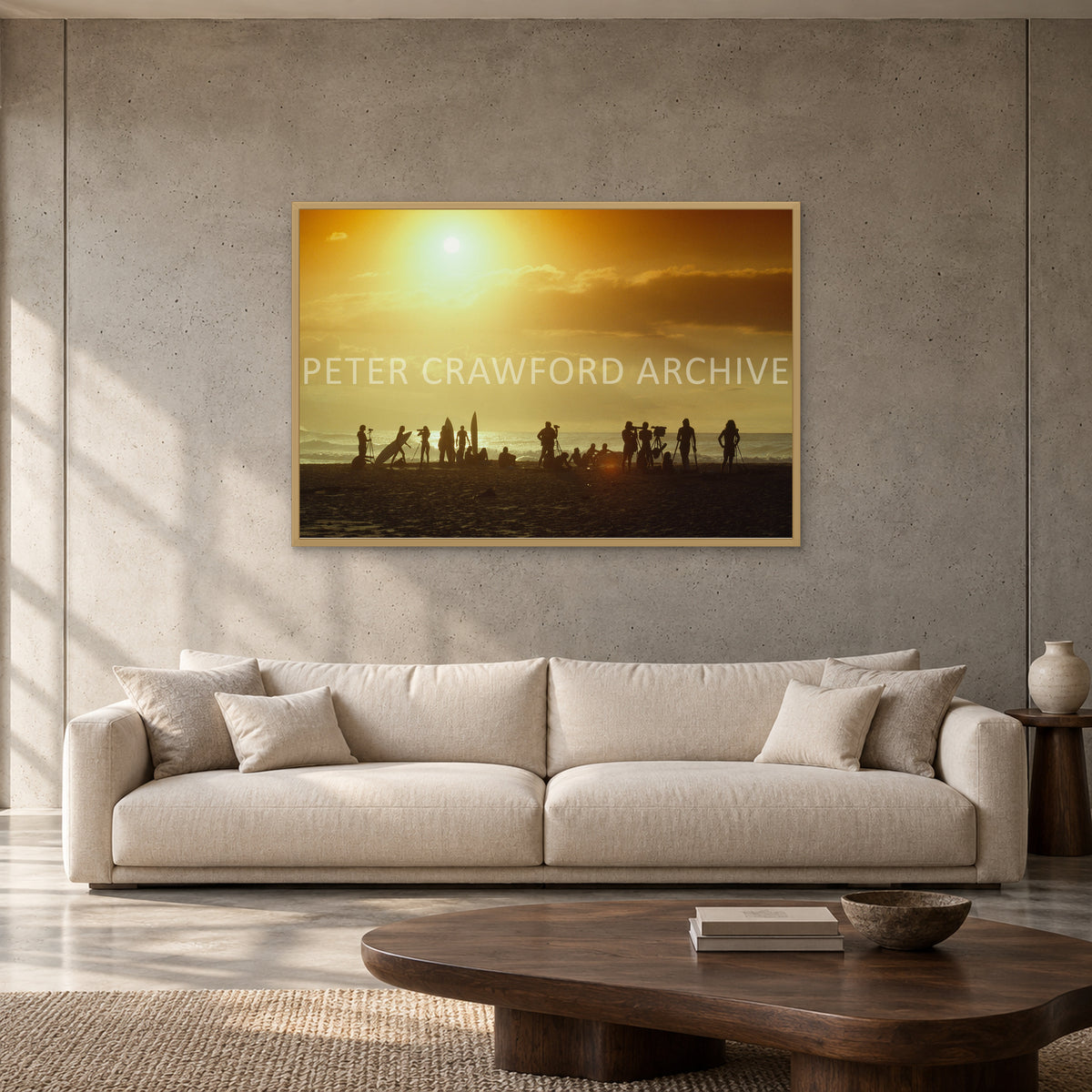 North Shore Sunset by Peter Crawford — 120 × 80 cm, hayseed full frame, shown to scale in a contemporary concrete-wall living room.
