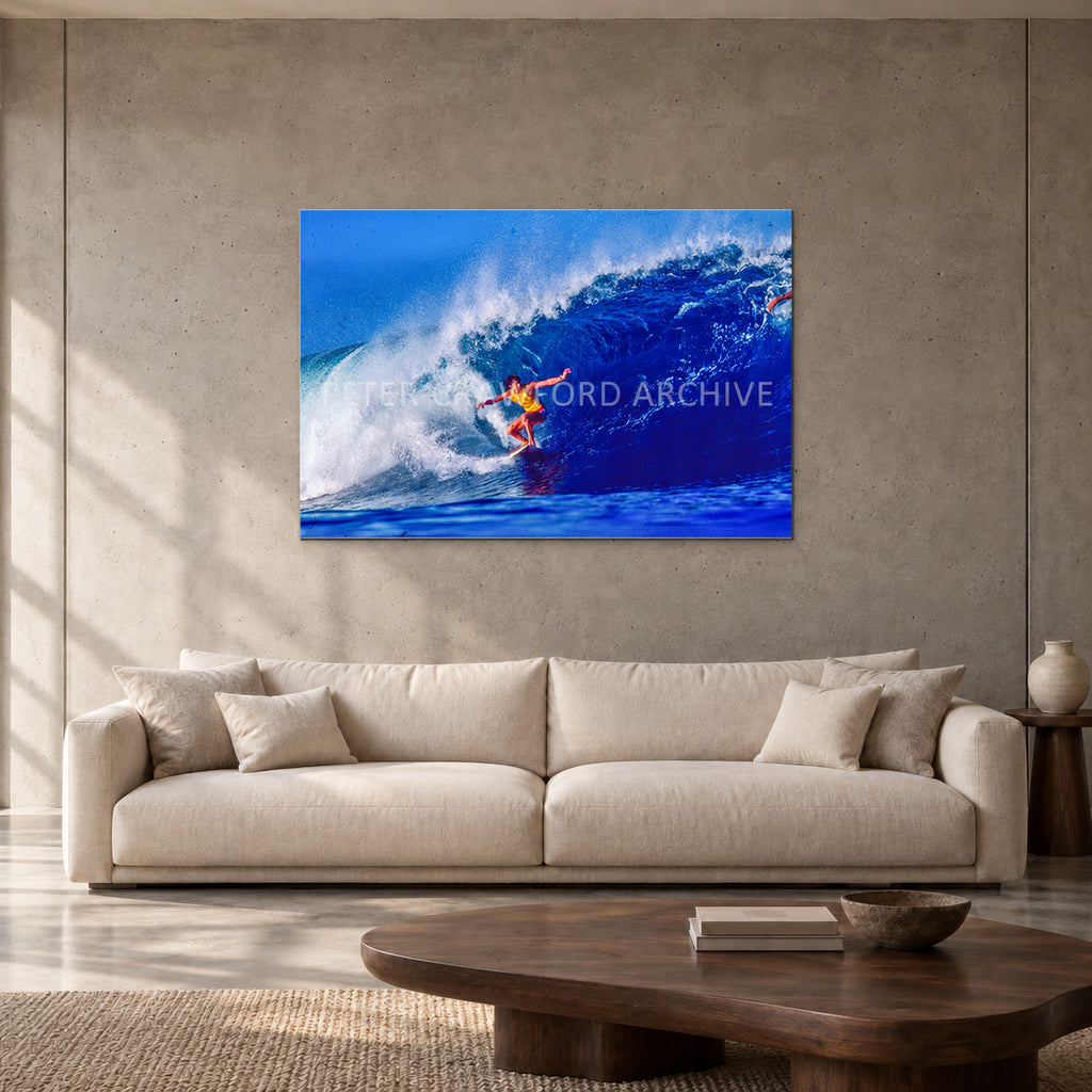 Mark Richards — 120 × 80 cm, aluminium resin mount, shown in a contemporary concrete-wall living room.